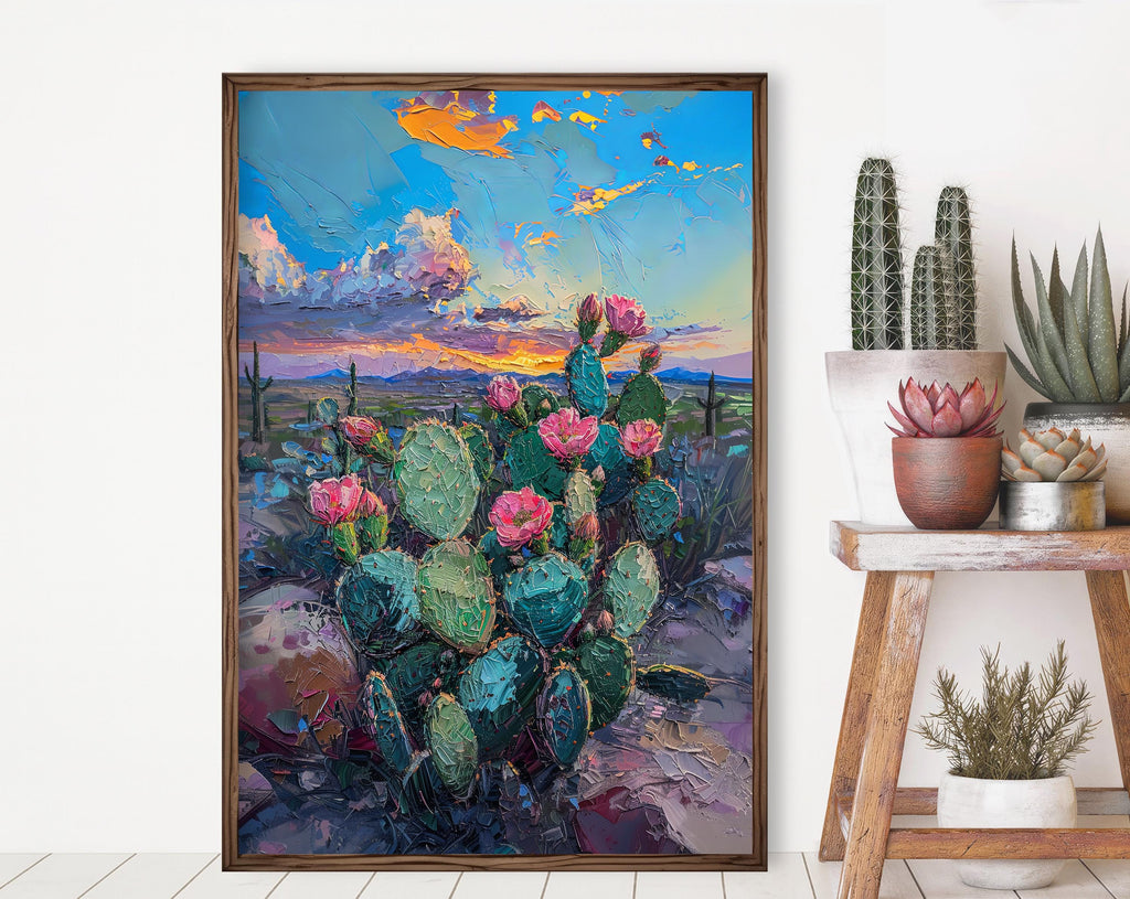 Flower Prickly Pear Cactus Sunset Oil Painting Print Botanical Desert Wall Art Nature Inspired Sonoran Art Southwest Western Decor Gift