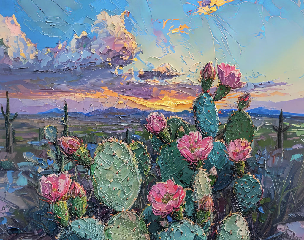 Flower Prickly Pear Cactus Sunset Oil Painting Print Botanical Desert Wall Art Nature Inspired Sonoran Art Southwest Western Decor Gift