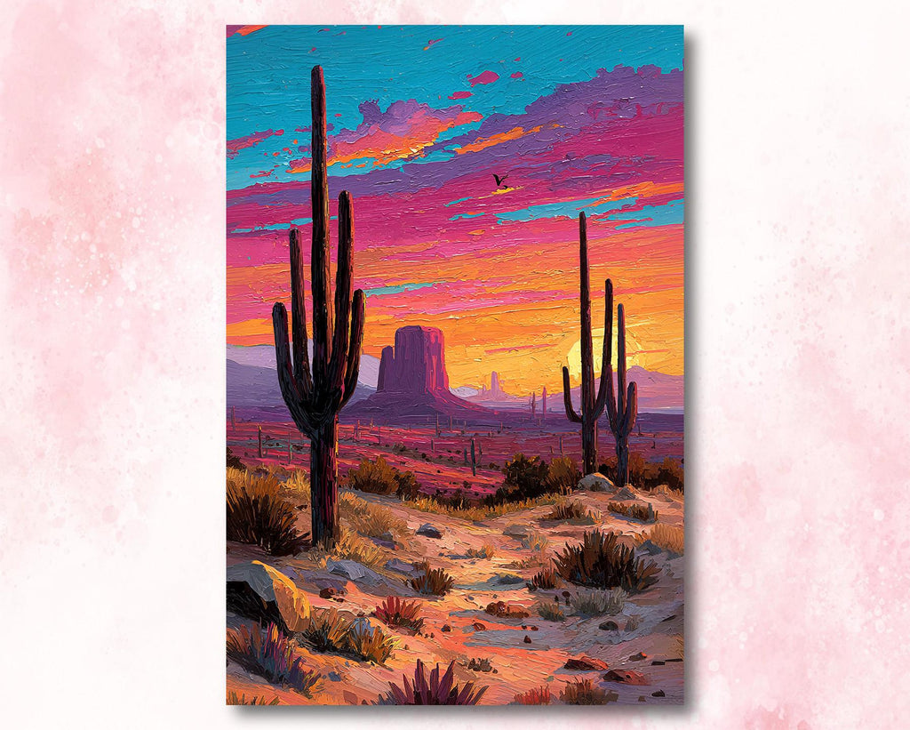 Desert Cactus Sunset Oil Painting Print - Colorful Wall Art Southwest Saguaro Landscape Beautiful Nature Home Decor Gift