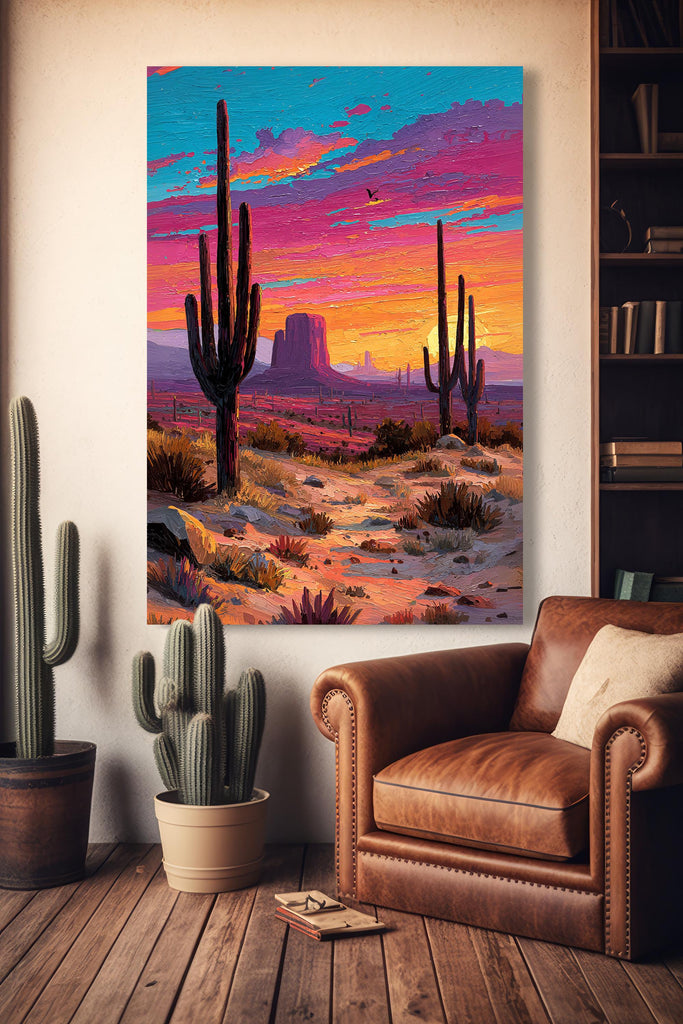 Desert Cactus Sunset Oil Painting Print - Colorful Wall Art Southwest Saguaro Landscape Beautiful Nature Home Decor Gift