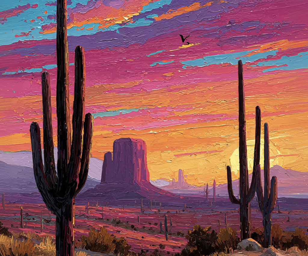 Desert Cactus Sunset Oil Painting Print - Colorful Wall Art Southwest Saguaro Landscape Beautiful Nature Home Decor Gift