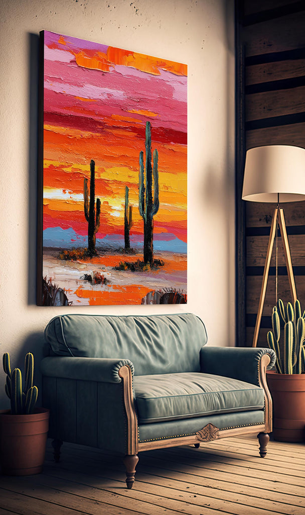 Desert Cactus Sunset Oil Painting Print - Colorful Wall Art Southwest Saguaro Landscape Beautiful Nature Home Decor Gift