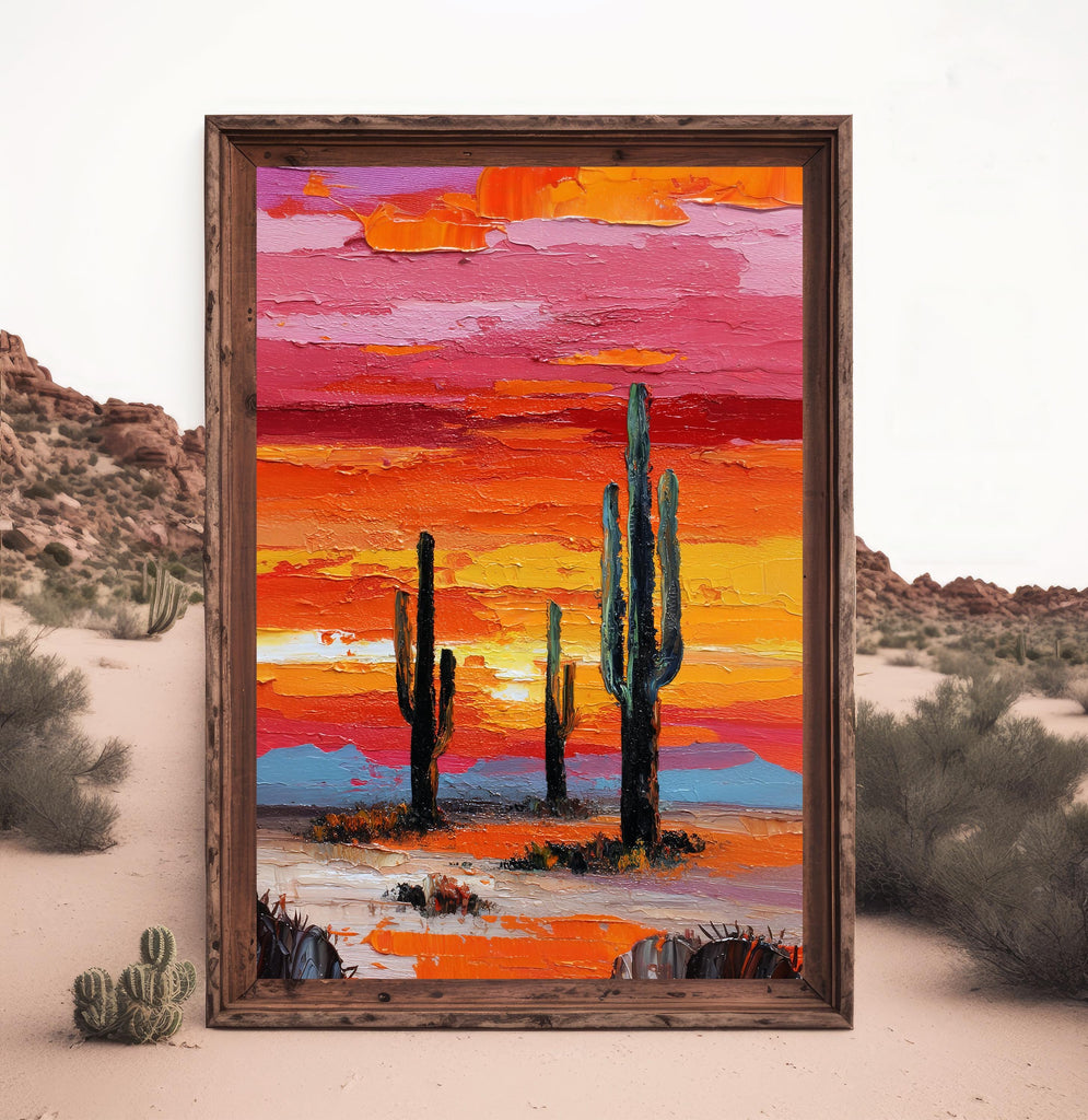 Desert Cactus Sunset Oil Painting Print - Colorful Wall Art Southwest Saguaro Landscape Beautiful Nature Home Decor Gift
