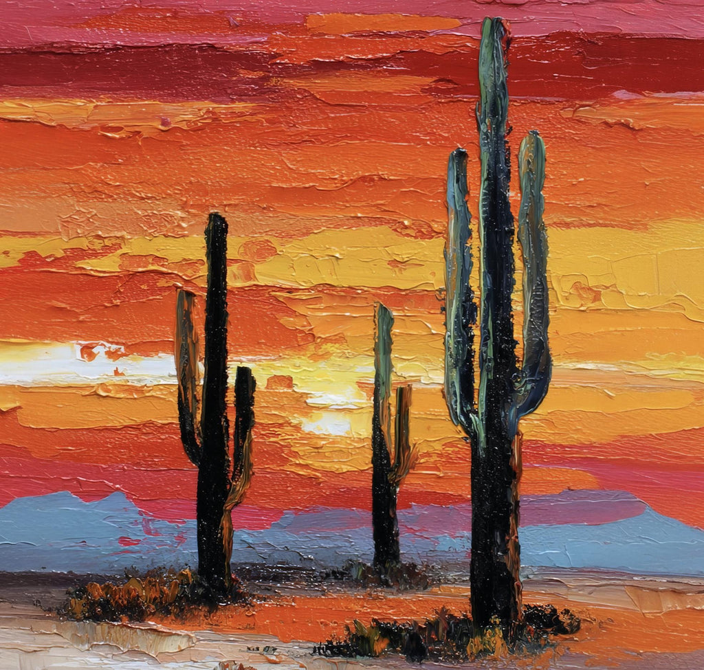 Desert Cactus Sunset Oil Painting Print - Colorful Wall Art Southwest Saguaro Landscape Beautiful Nature Home Decor Gift