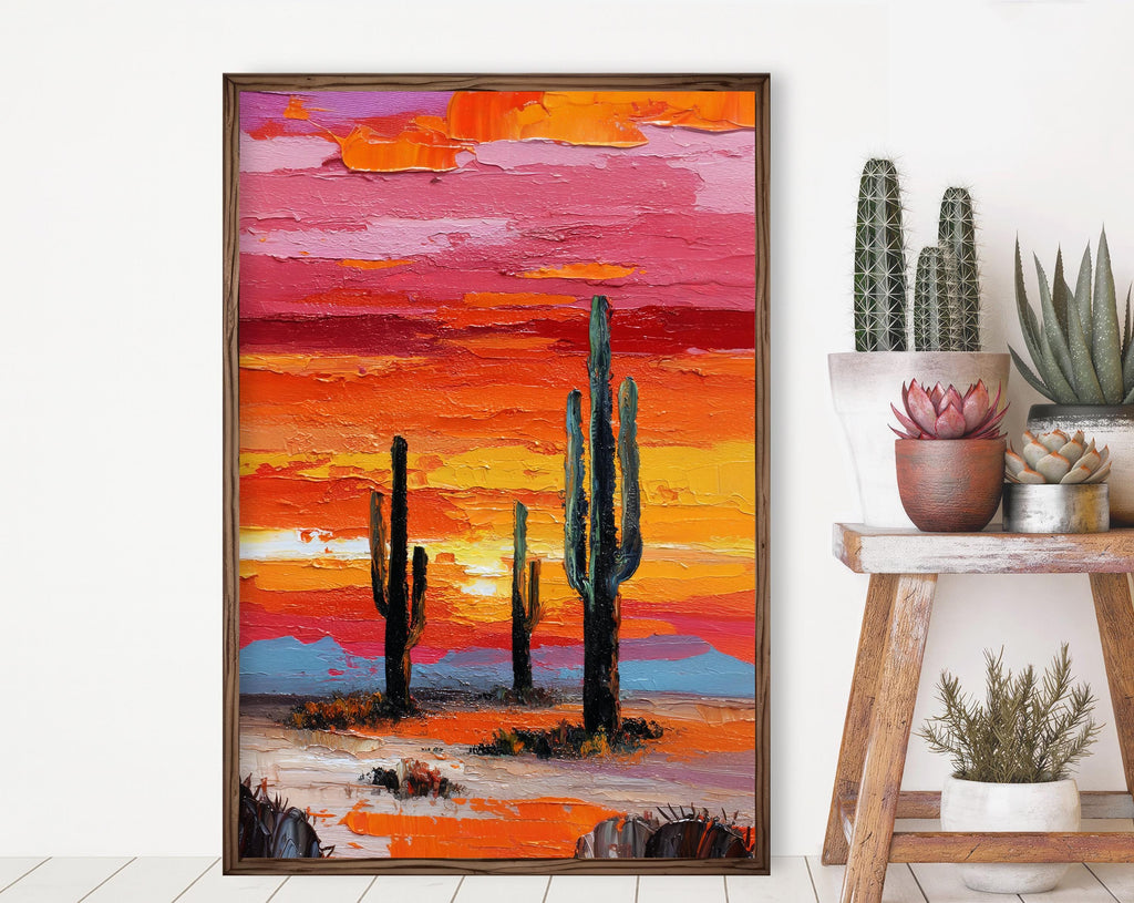 Desert Cactus Sunset Oil Painting Print - Colorful Wall Art Southwest Saguaro Landscape Beautiful Nature Home Decor Gift