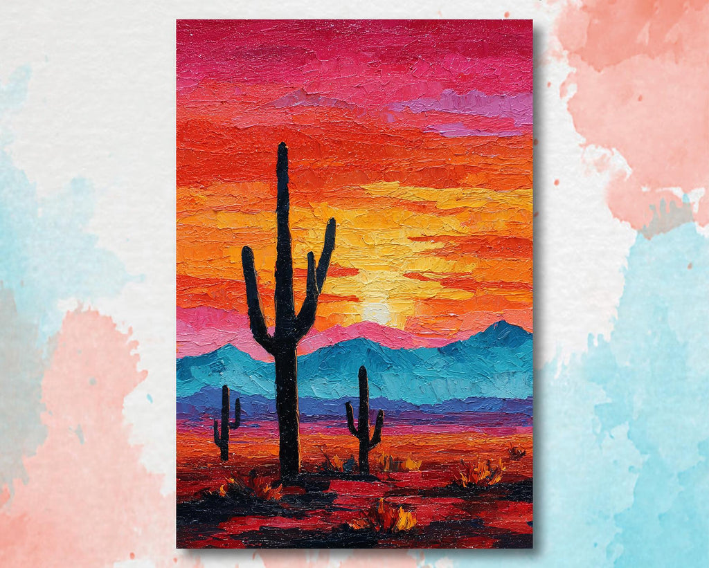 Desert Cactus Sunset Oil Painting Print - Colorful Wall Art Southwest Saguaro Landscape Beautiful Nature Home Decor Gift