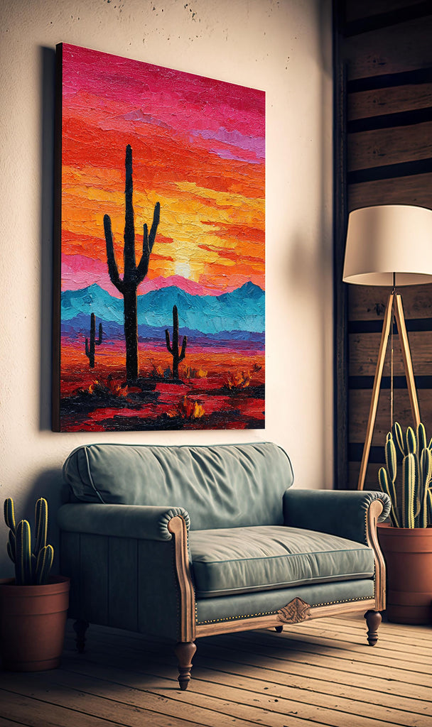Desert Cactus Sunset Oil Painting Print - Colorful Wall Art Southwest Saguaro Landscape Beautiful Nature Home Decor Gift