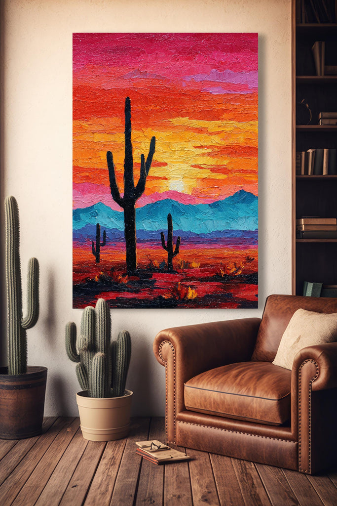 Desert Cactus Sunset Oil Painting Print - Colorful Wall Art Southwest Saguaro Landscape Beautiful Nature Home Decor Gift