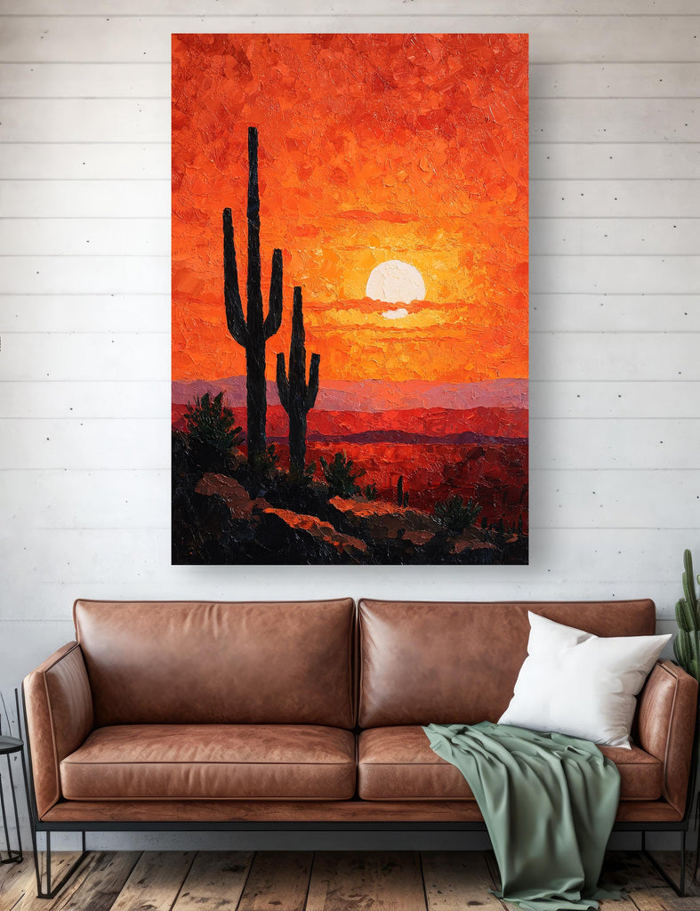 Desert Cactus Sunset Oil Painting Print - Colorful Wall Art Southwest Saguaro Landscape Beautiful Nature Home Decor Gift