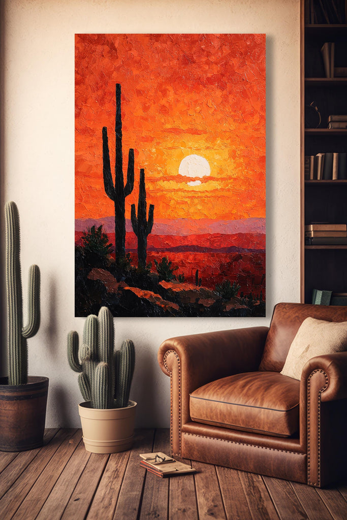 Desert Cactus Sunset Oil Painting Print - Colorful Wall Art Southwest Saguaro Landscape Beautiful Nature Home Decor Gift