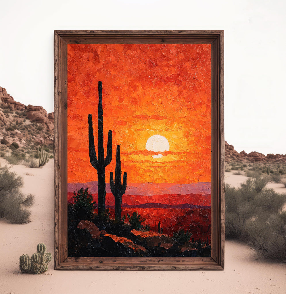 Desert Cactus Sunset Oil Painting Print - Colorful Wall Art Southwest Saguaro Landscape Beautiful Nature Home Decor Gift
