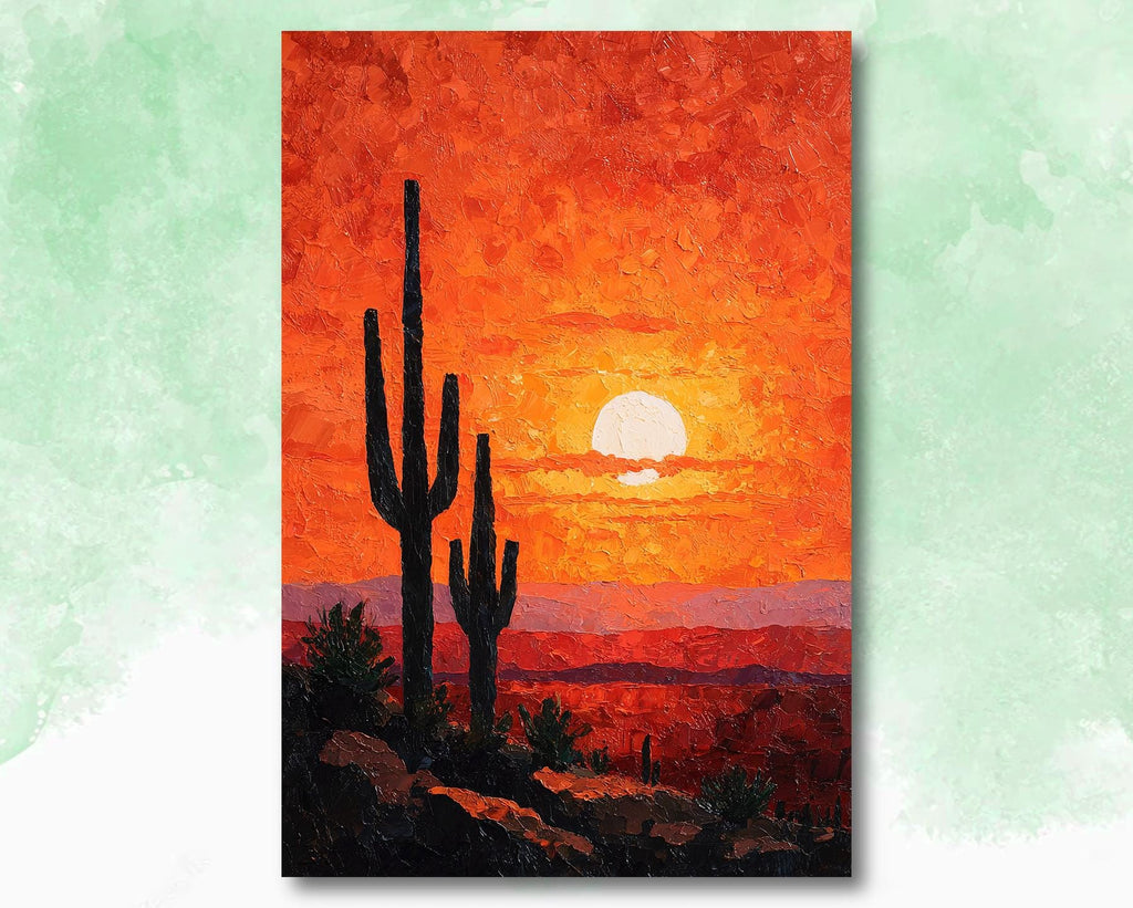 Desert Cactus Sunset Oil Painting Print - Colorful Wall Art Southwest Saguaro Landscape Beautiful Nature Home Decor Gift
