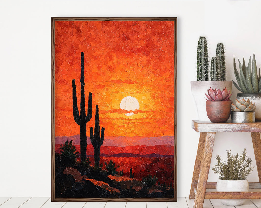 Desert Cactus Sunset Oil Painting Print - Colorful Wall Art Southwest Saguaro Landscape Beautiful Nature Home Decor Gift