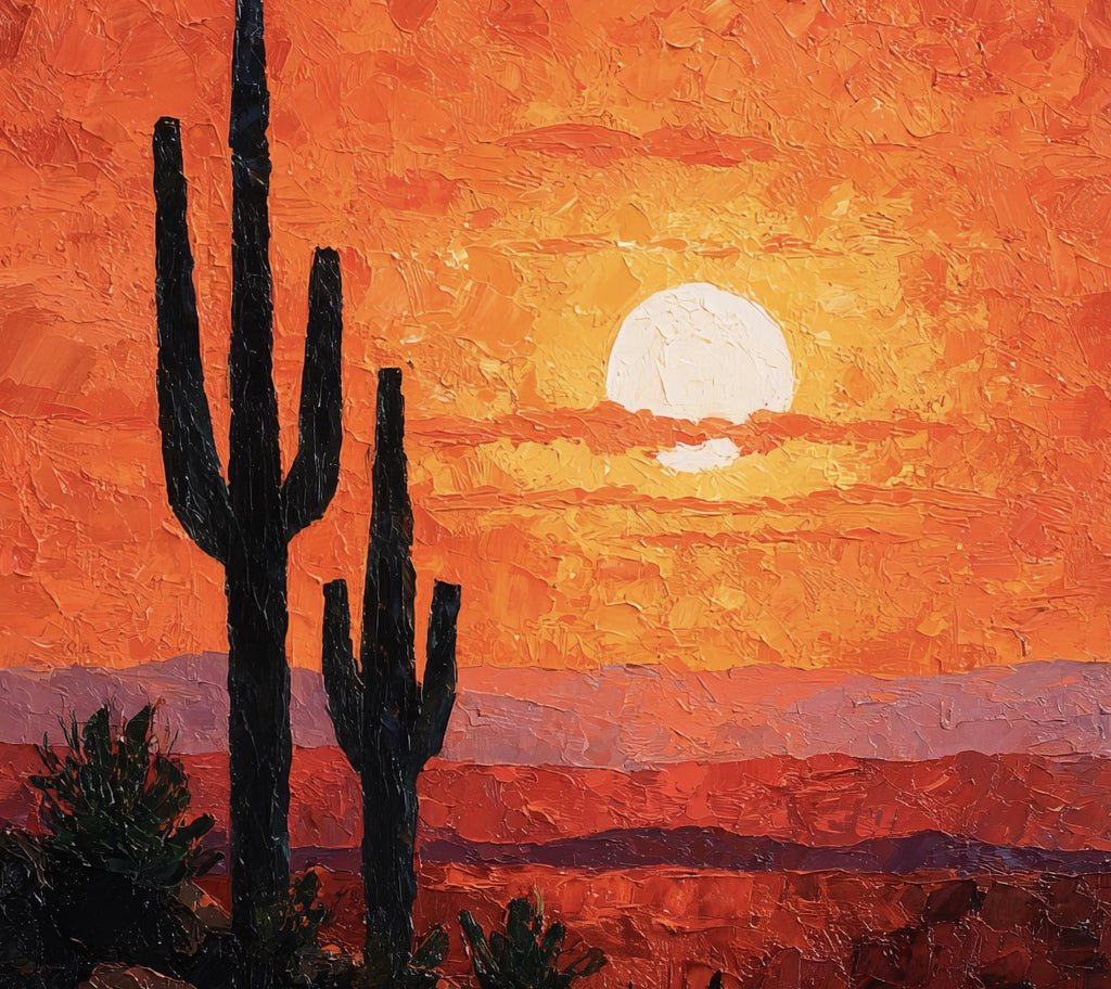 Desert Cactus Sunset Oil Painting Print - Colorful Wall Art Southwest Saguaro Landscape Beautiful Nature Home Decor Gift