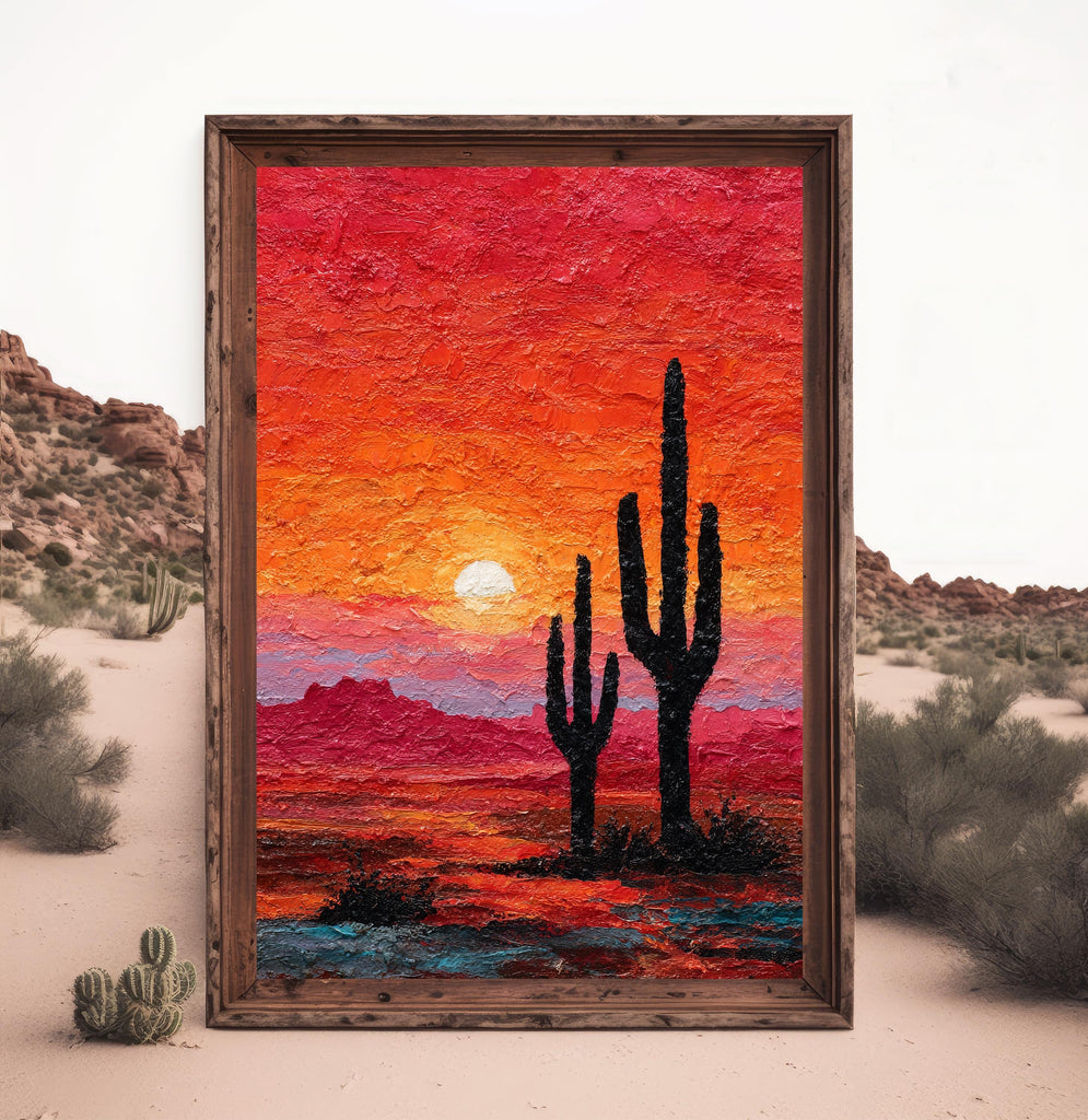 Desert Cactus Sunset Oil Painting Print - Colorful Wall Art Southwest Saguaro Landscape Beautiful Nature Home Decor Gift