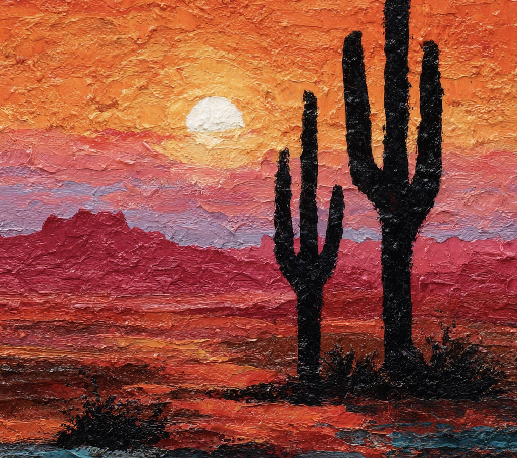 Desert Cactus Sunset Oil Painting Print - Colorful Wall Art Southwest Saguaro Landscape Beautiful Nature Home Decor Gift