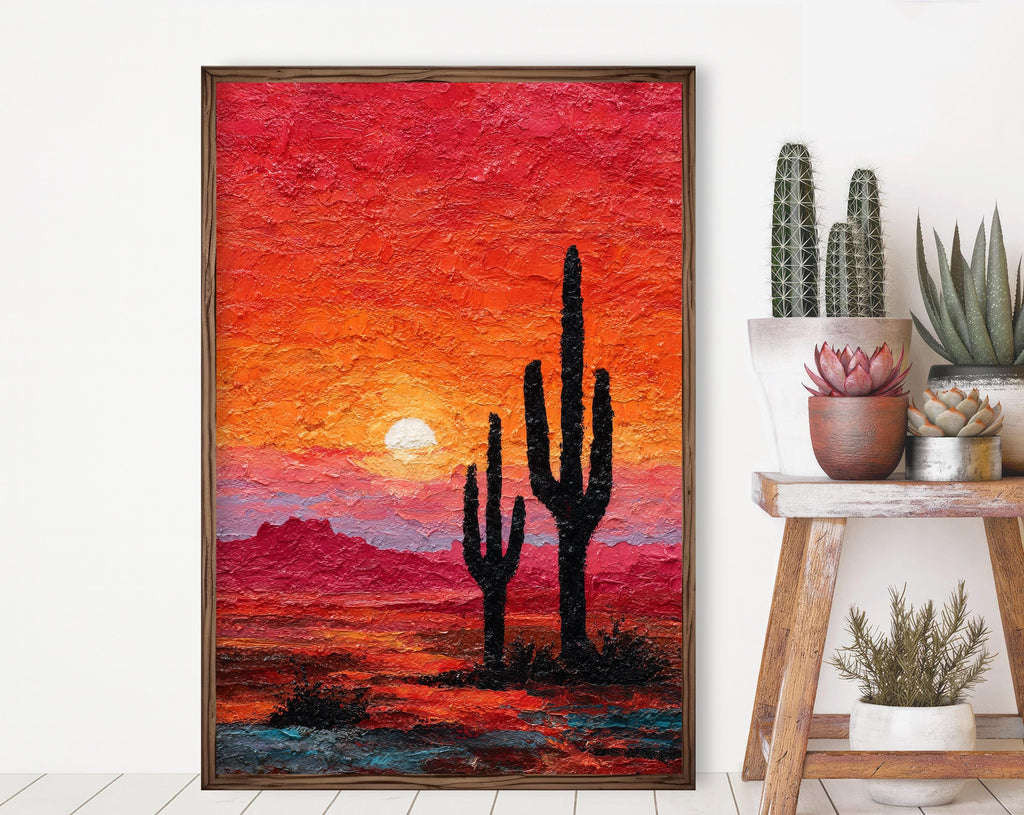 Desert Cactus Sunset Oil Painting Print - Colorful Wall Art Southwest Saguaro Landscape Beautiful Nature Home Decor Gift