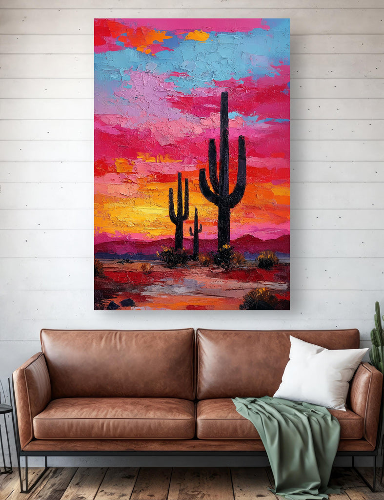 Desert Cactus Sunset Oil Painting Print - Colorful Wall Art Southwest Saguaro Landscape Beautiful Nature Home Decor Gift