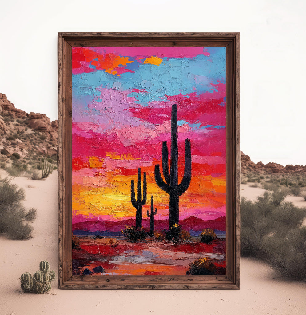 Desert Cactus Sunset Oil Painting Print - Colorful Wall Art Southwest Saguaro Landscape Beautiful Nature Home Decor Gift