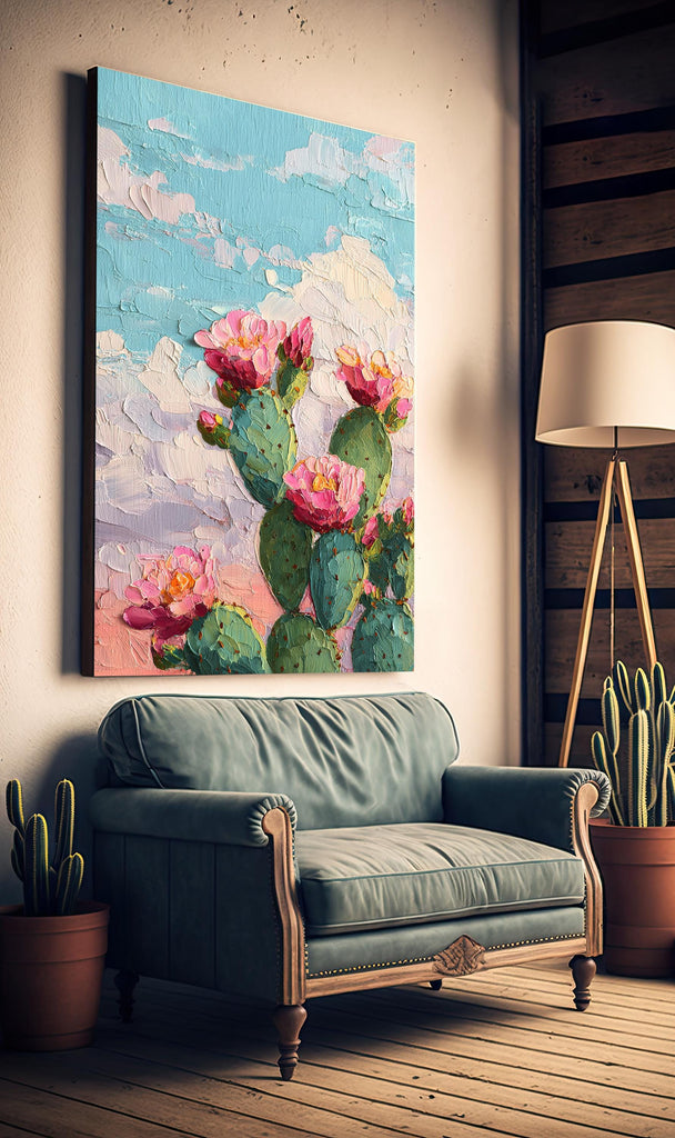 Flower Prickly Pear Cactus Oil Painting Print Botanical Desert Wall Art Nature Inspired Sonoran Art Southwest Western Decor Gift