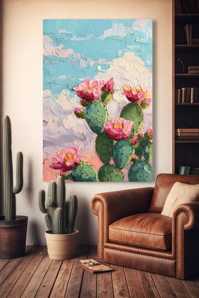 Flower Prickly Pear Cactus Oil Painting Print Botanical Desert Wall Art Nature Inspired Sonoran Art Southwest Western Decor Gift
