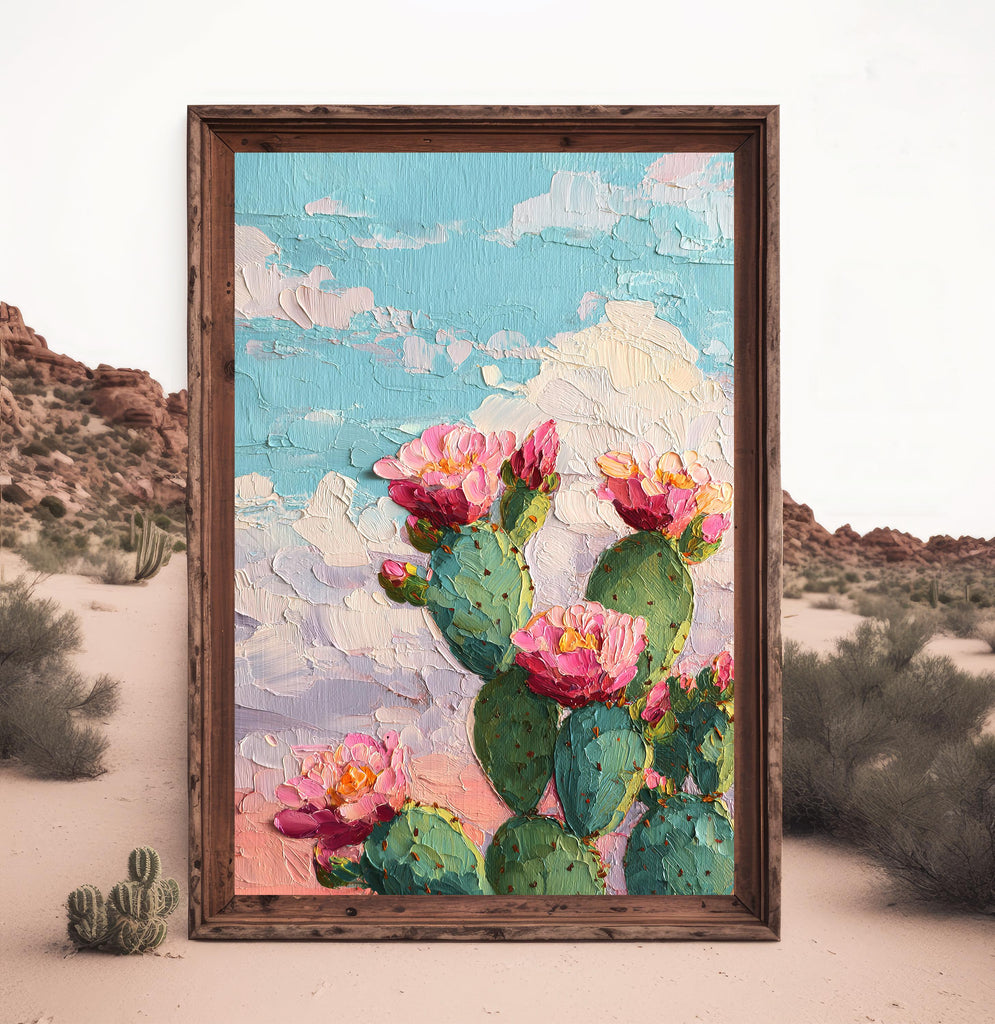 Flower Prickly Pear Cactus Oil Painting Print Botanical Desert Wall Art Nature Inspired Sonoran Art Southwest Western Decor Gift