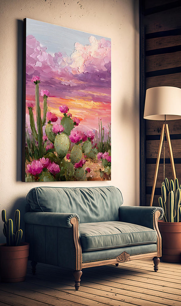 Flower Prickly Pear Cactus Sunset Oil Painting Print Botanical Desert Wall Art Nature Inspired Sonoran Art Southwest Western Decor Gift