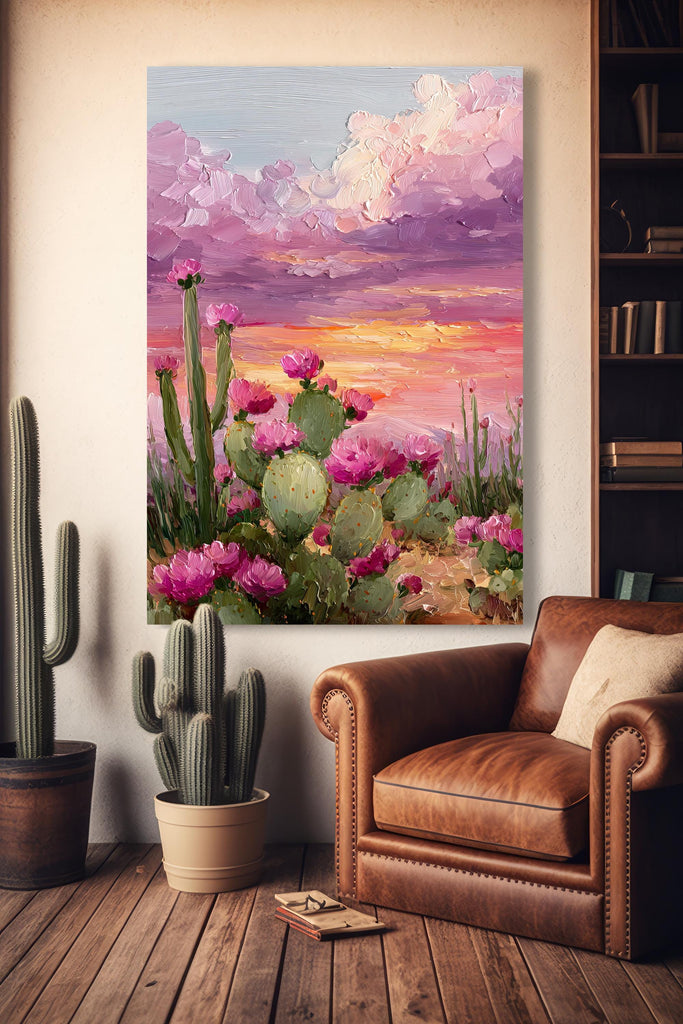 Flower Prickly Pear Cactus Sunset Oil Painting Print Botanical Desert Wall Art Nature Inspired Sonoran Art Southwest Western Decor Gift