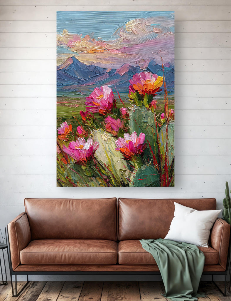Flower Prickly Pear Cactus Sunset Oil Painting Print Botanical Desert Wall Art Nature Inspired Sonoran Art Southwest Western Decor Gift