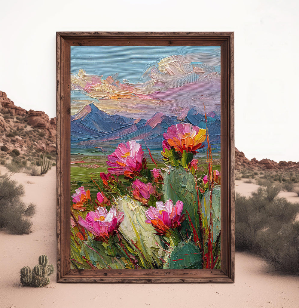 Flower Prickly Pear Cactus Sunset Oil Painting Print Botanical Desert Wall Art Nature Inspired Sonoran Art Southwest Western Decor Gift
