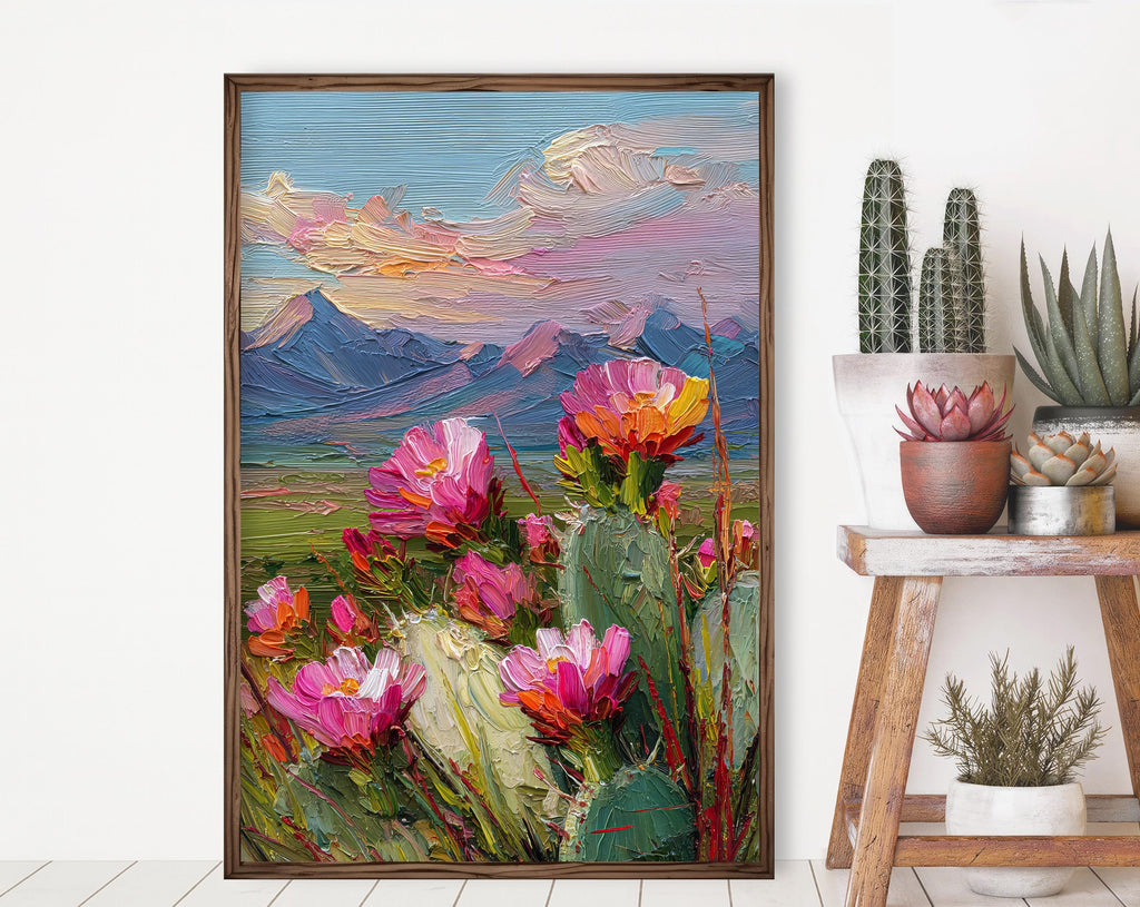 Flower Prickly Pear Cactus Sunset Oil Painting Print Botanical Desert Wall Art Nature Inspired Sonoran Art Southwest Western Decor Gift