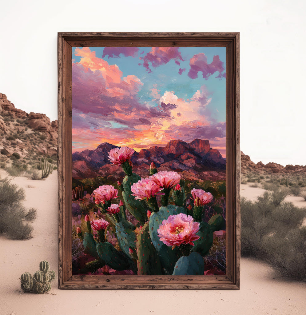 Flower Prickly Pear Cactus Sunset Oil Painting Print Botanical Desert Wall Art Nature Inspired Sonoran Art Southwest Western Decor Gift