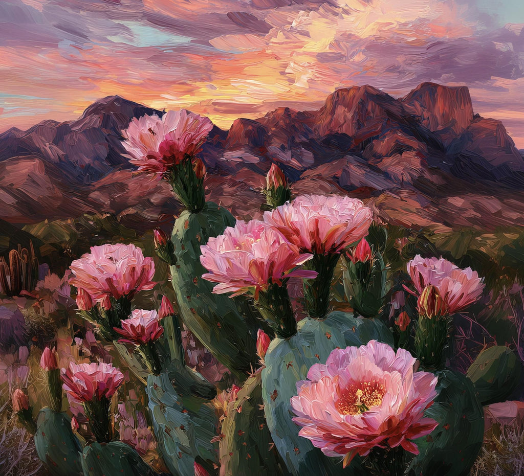 Flower Prickly Pear Cactus Sunset Oil Painting Print Botanical Desert Wall Art Nature Inspired Sonoran Art Southwest Western Decor Gift