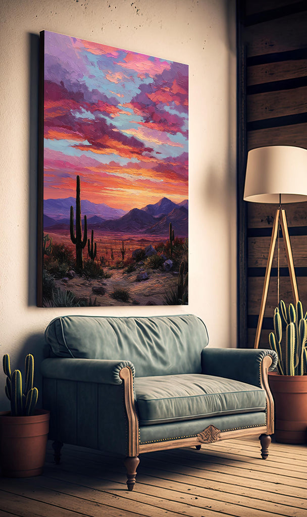 Desert Cactus Sunset Oil Painting Print - Colorful Wall Art Southwest Saguaro Landscape Beautiful Nature Home Decor Gift