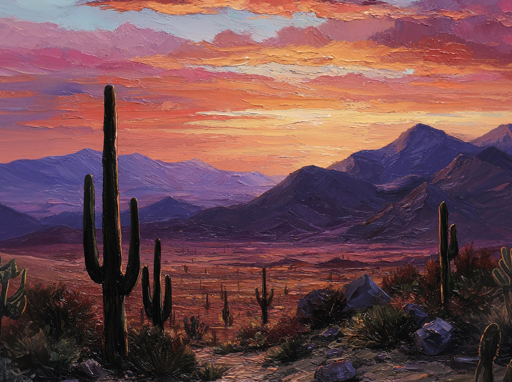 Desert Cactus Sunset Oil Painting Print - Colorful Wall Art Southwest Saguaro Landscape Beautiful Nature Home Decor Gift