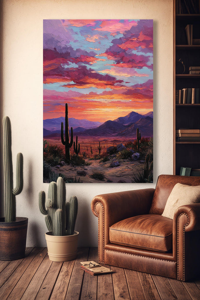 Desert Cactus Sunset Oil Painting Print - Colorful Wall Art Southwest Saguaro Landscape Beautiful Nature Home Decor Gift