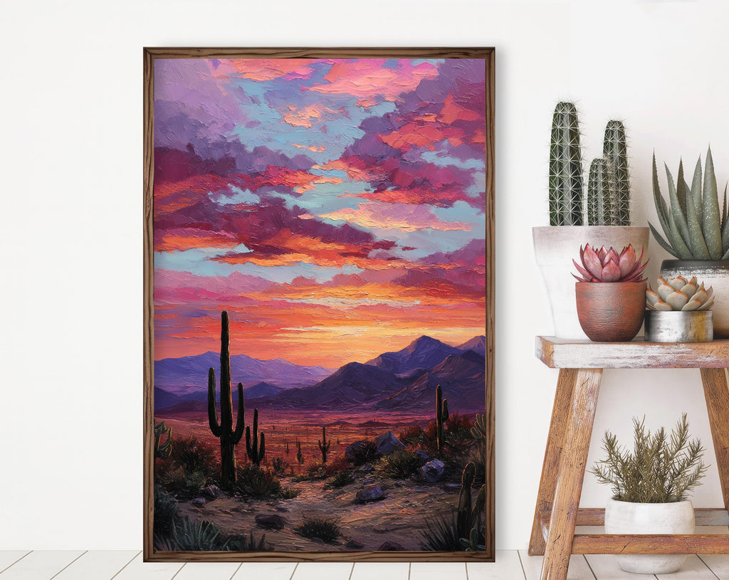 Desert Cactus Sunset Oil Painting Print - Colorful Wall Art Southwest Saguaro Landscape Beautiful Nature Home Decor Gift