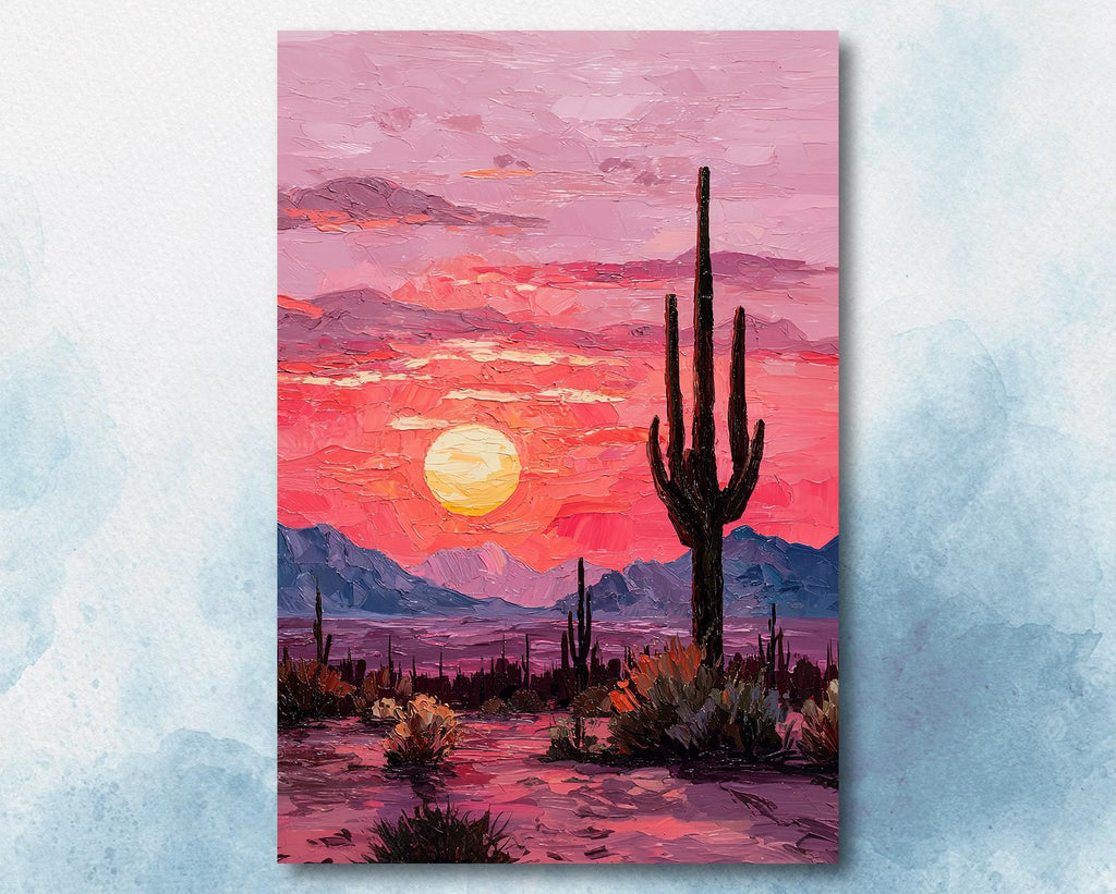 Desert Cactus Sunset Oil Painting Print - Colorful Wall Art Southwest Saguaro Landscape Beautiful Nature Home Decor Gift