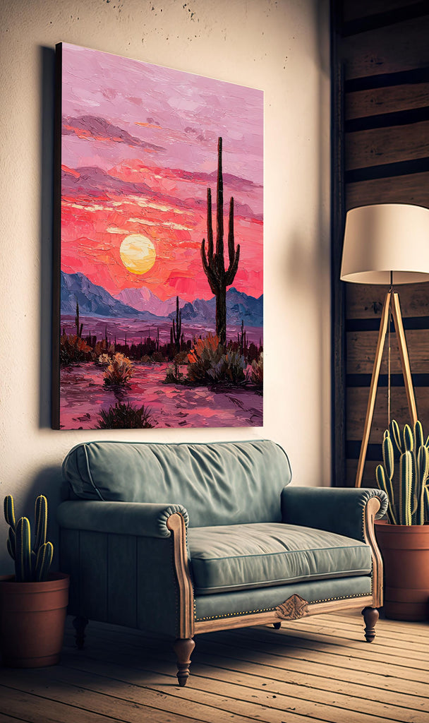 Desert Cactus Sunset Oil Painting Print - Colorful Wall Art Southwest Saguaro Landscape Beautiful Nature Home Decor Gift