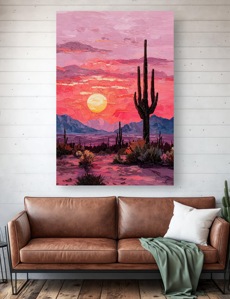Desert Cactus Sunset Oil Painting Print - Colorful Wall Art Southwest Saguaro Landscape Beautiful Nature Home Decor Gift