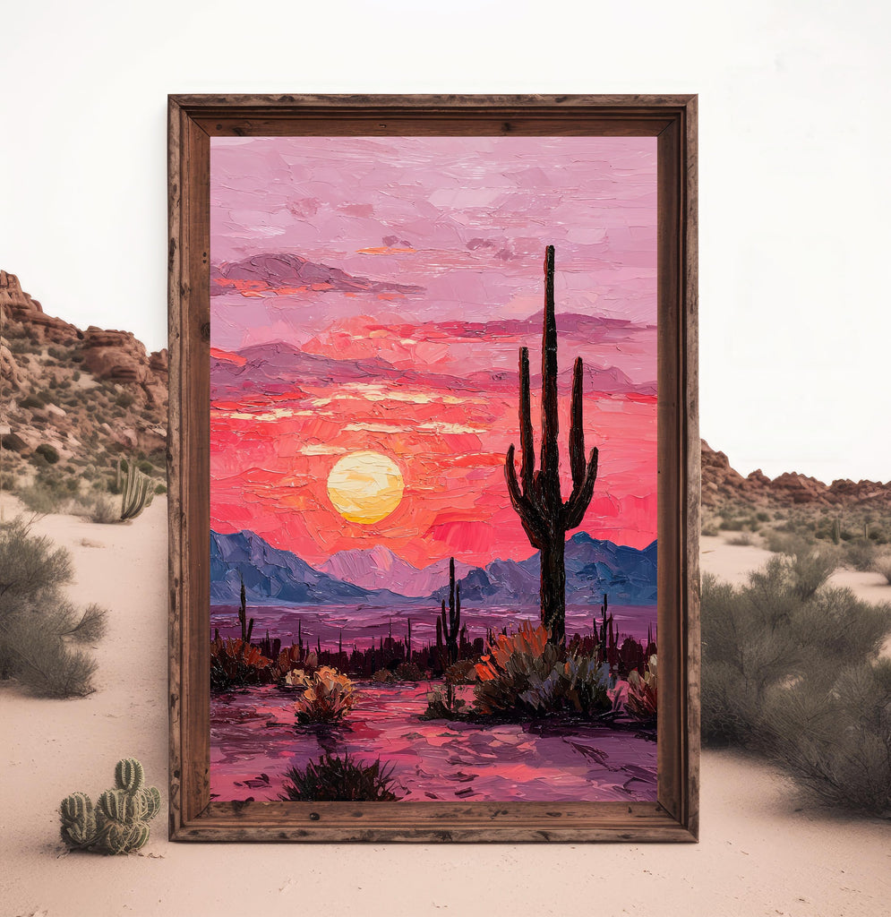 Desert Cactus Sunset Oil Painting Print - Colorful Wall Art Southwest Saguaro Landscape Beautiful Nature Home Decor Gift