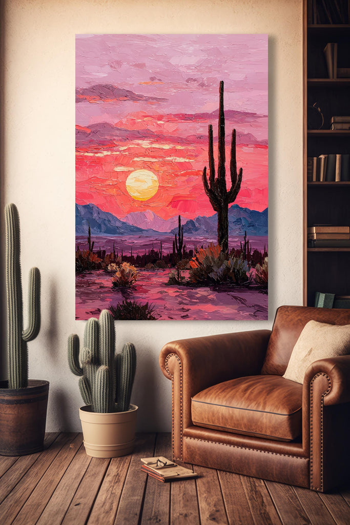 Desert Cactus Sunset Oil Painting Print - Colorful Wall Art Southwest Saguaro Landscape Beautiful Nature Home Decor Gift