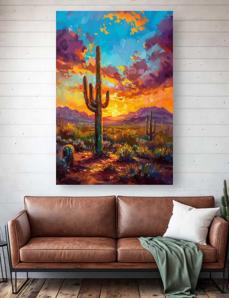 Desert Cactus Sunset Oil Painting Print - Colorful Wall Art Southwest Saguaro Landscape Beautiful Nature Home Decor Gift