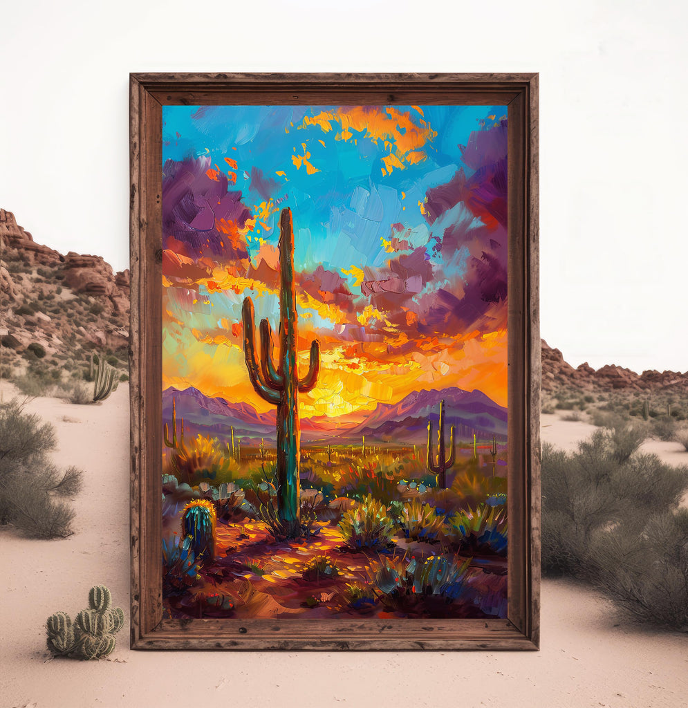 Desert Cactus Sunset Oil Painting Print - Colorful Wall Art Southwest Saguaro Landscape Beautiful Nature Home Decor Gift