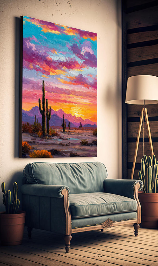 Desert Cactus Sunset Oil Painting Print - Colorful Wall Art Southwest Saguaro Landscape Beautiful Nature Home Decor Gift