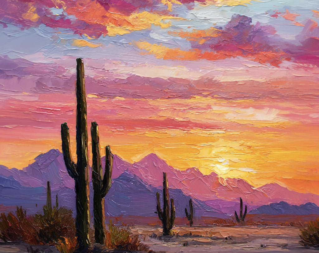 Desert Cactus Sunset Oil Painting Print - Colorful Wall Art Southwest Saguaro Landscape Beautiful Nature Home Decor Gift