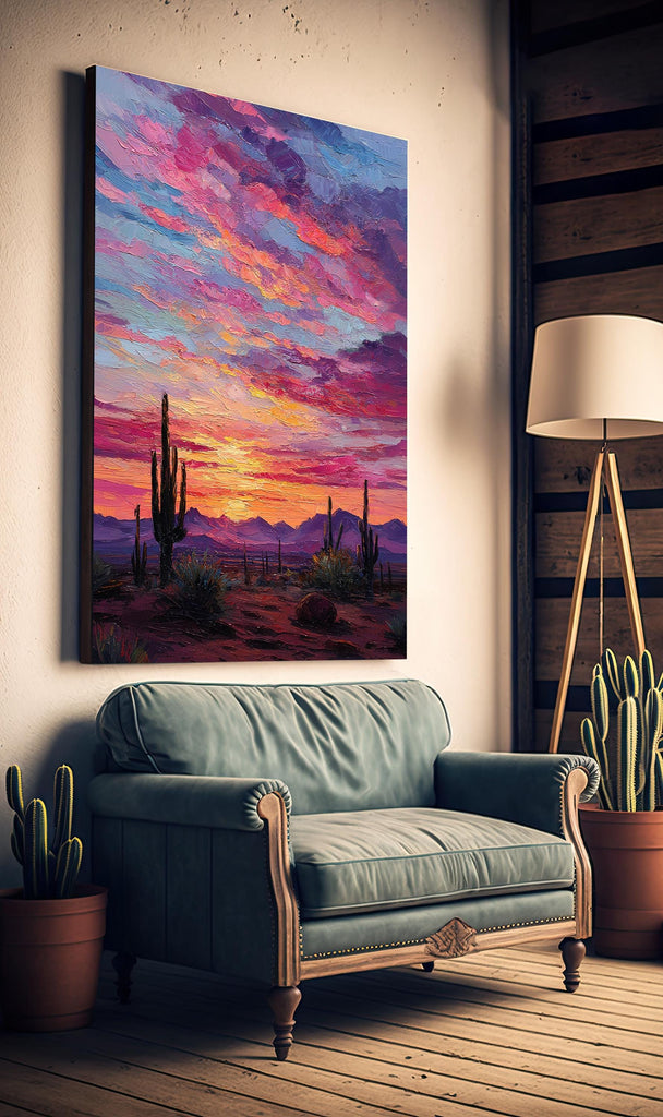 Desert Cactus Sunset Oil Painting Print - Colorful Wall Art Southwest Saguaro Landscape Beautiful Nature Home Decor Gift
