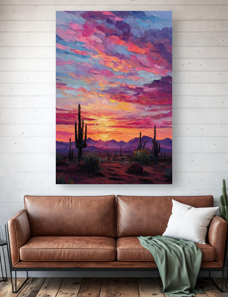 Desert Cactus Sunset Oil Painting Print - Colorful Wall Art Southwest Saguaro Landscape Beautiful Nature Home Decor Gift