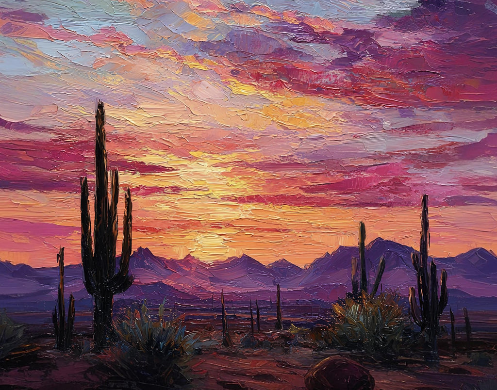Desert Cactus Sunset Oil Painting Print - Colorful Wall Art Southwest Saguaro Landscape Beautiful Nature Home Decor Gift