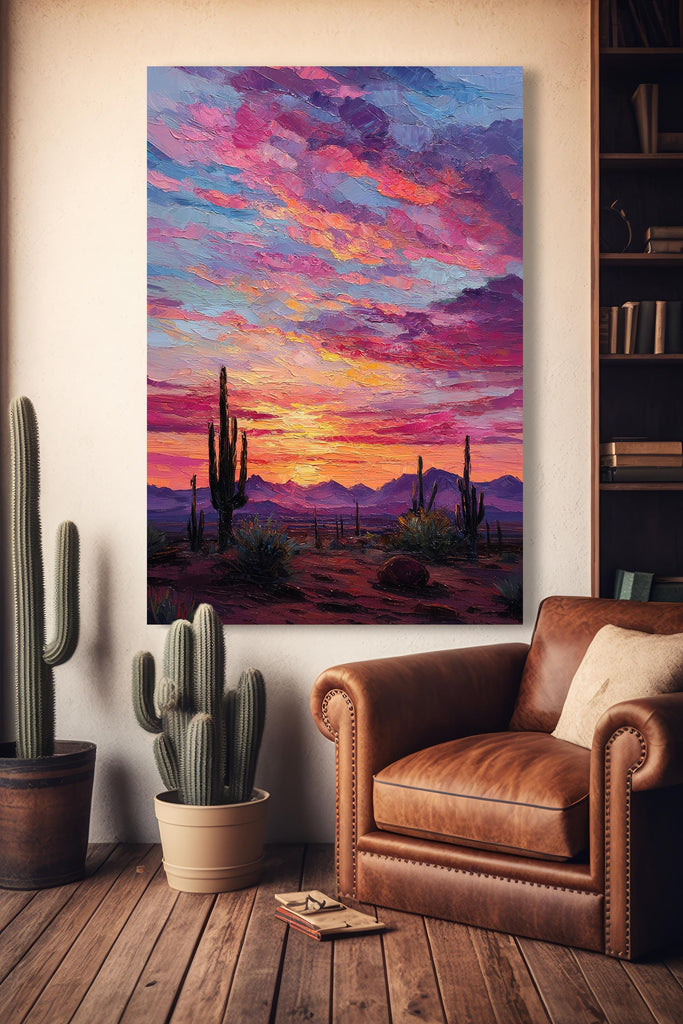 Desert Cactus Sunset Oil Painting Print - Colorful Wall Art Southwest Saguaro Landscape Beautiful Nature Home Decor Gift